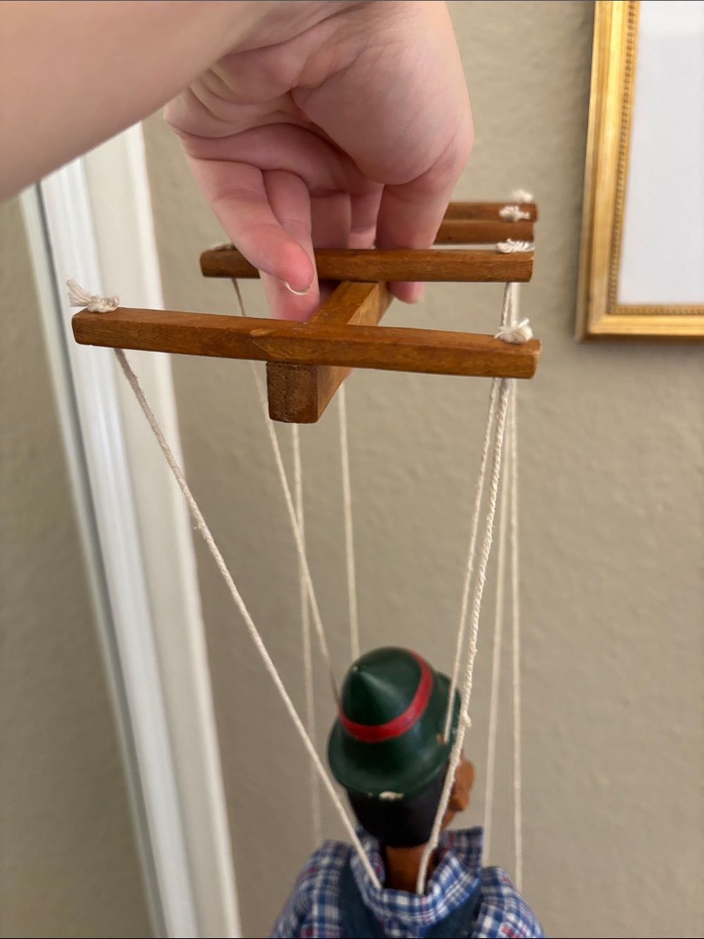 Wooden Pinocchio-Style Marionette Puppet in Green Hat - Picture 9 of 9